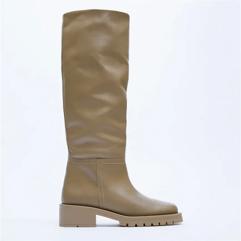 Женские сапоги без застежки ASUMER из натуральной кожи до колена на плоской подошве