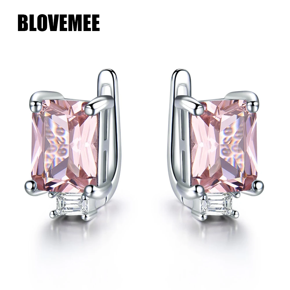 

925 Sterling Silver Hoop Earrings For Women Pink Morganite Gemstone Ear Cuffs Wedding Engagement Trend Gift Earings Fine Jewelry