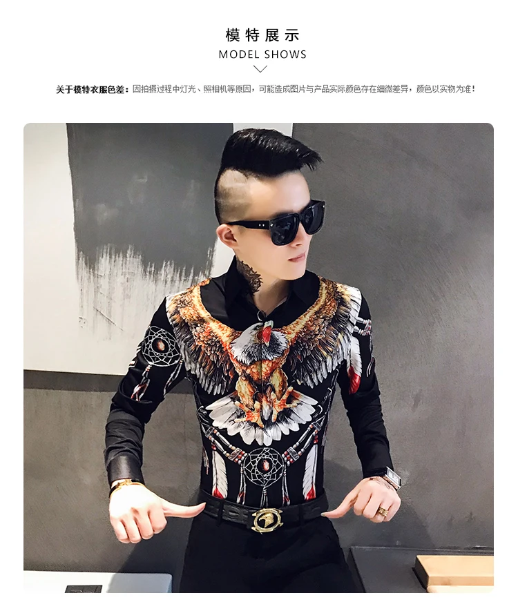Осенняя мужская Модная приталенная рубашка с коротким рукавом Camisa Masculina, Повседневная Уличная Мужская рубашка с принтом орла