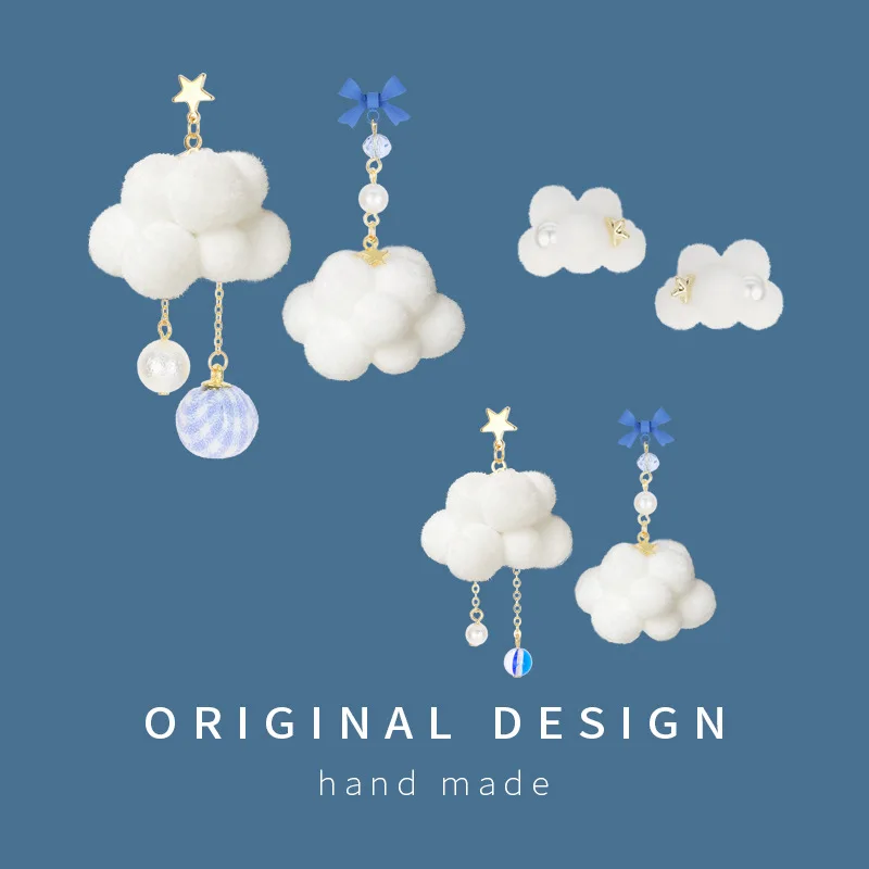 

Fashion Asymmetrical White Cloud Earrings Plush Ball Cute Ear Clip Blue Bow New Girl Heart Earrings Trend