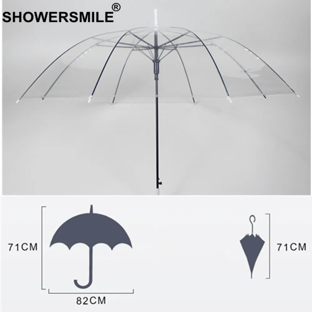 Прозрачный зонт SHOWERSMILE дождевой женский зонтик с длинной ручкой прозрачный