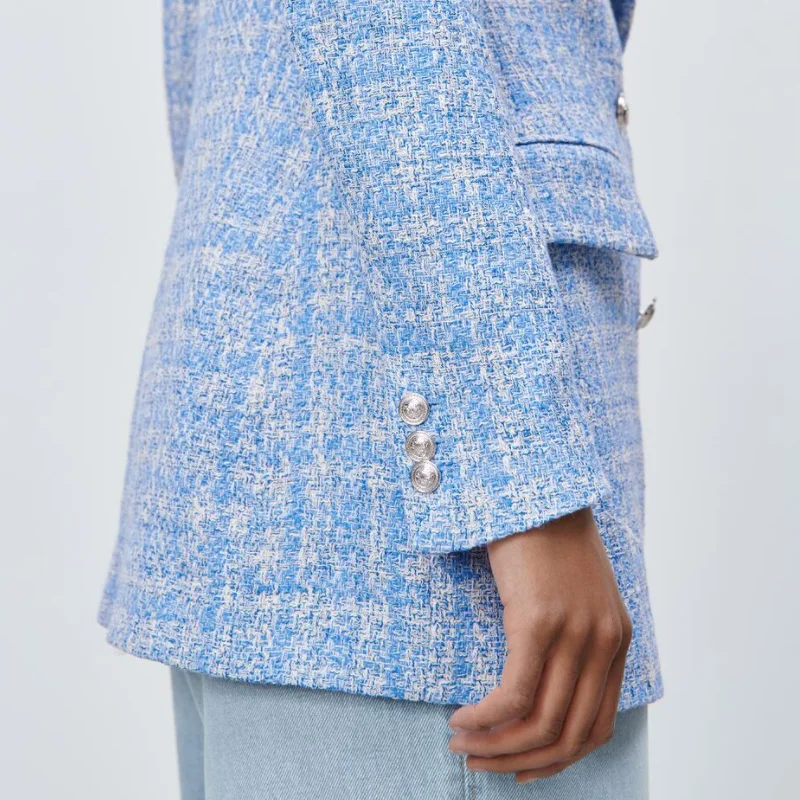 Женский блейзер с длинным рукавом Adherebling Za голубой Блейзер на пуговицах длинными