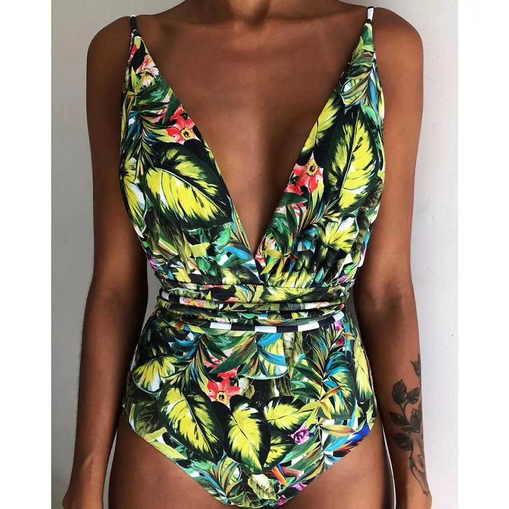 Floral1 Купальник с принтом, женский, сдельный,, Одноцветный, купальный костюм,, полосатый купальник, глубокий v-образный вырез, для плавания, сексуальный,, бразильский, Maio Strappy - Цвет: Floral1