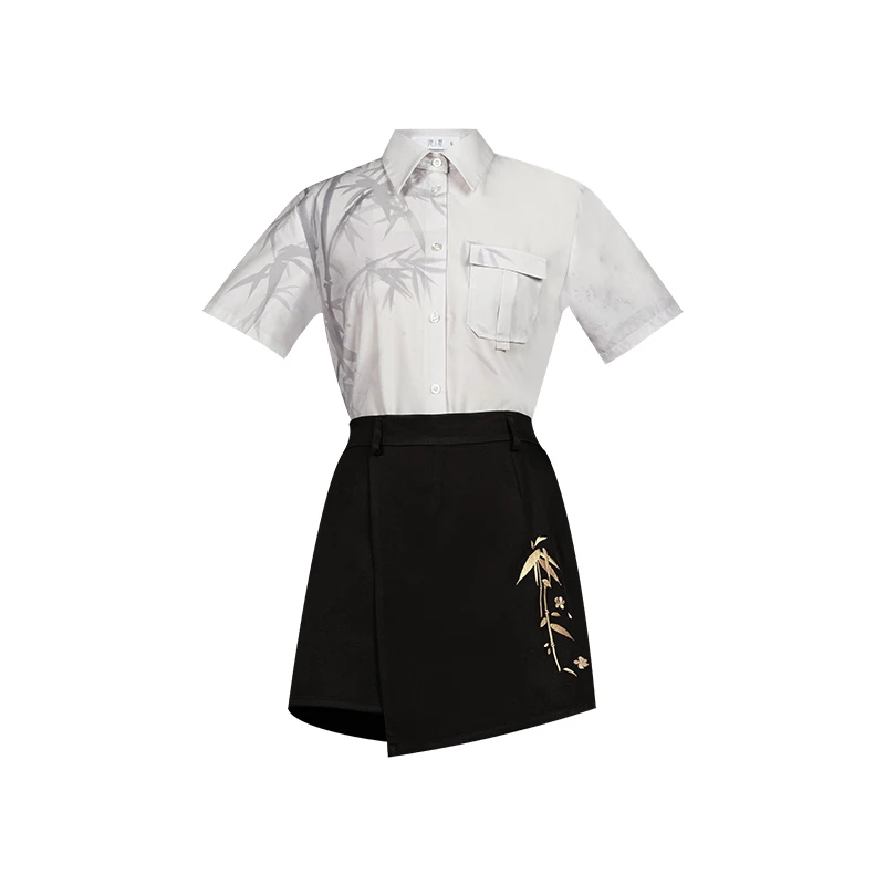 

New Bamboo Print Shirt Black Skirt For Female Chinese Style Women Daily Improvement Hanfu Summer Stage Party Costumes