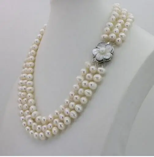 

Fashion jewelry 3 row from 7 to 8mm | Freshwater pearl chain, flower buds, jewelry for girls and women, Banquet 17-19,