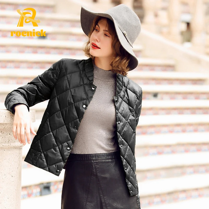 

ROENICK Women Ultra Light Winter Down Coats 2022 New Black Cropped Puffer Jacket Female Autumn Slim Parkas Outwear