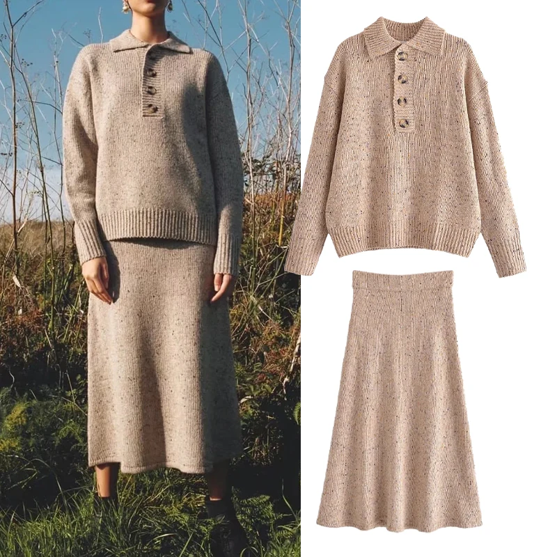 

Женский трикотажный Костюм-двойка Za, однотонный трикотажный свитер и юбка миди, Осень-зима 2021