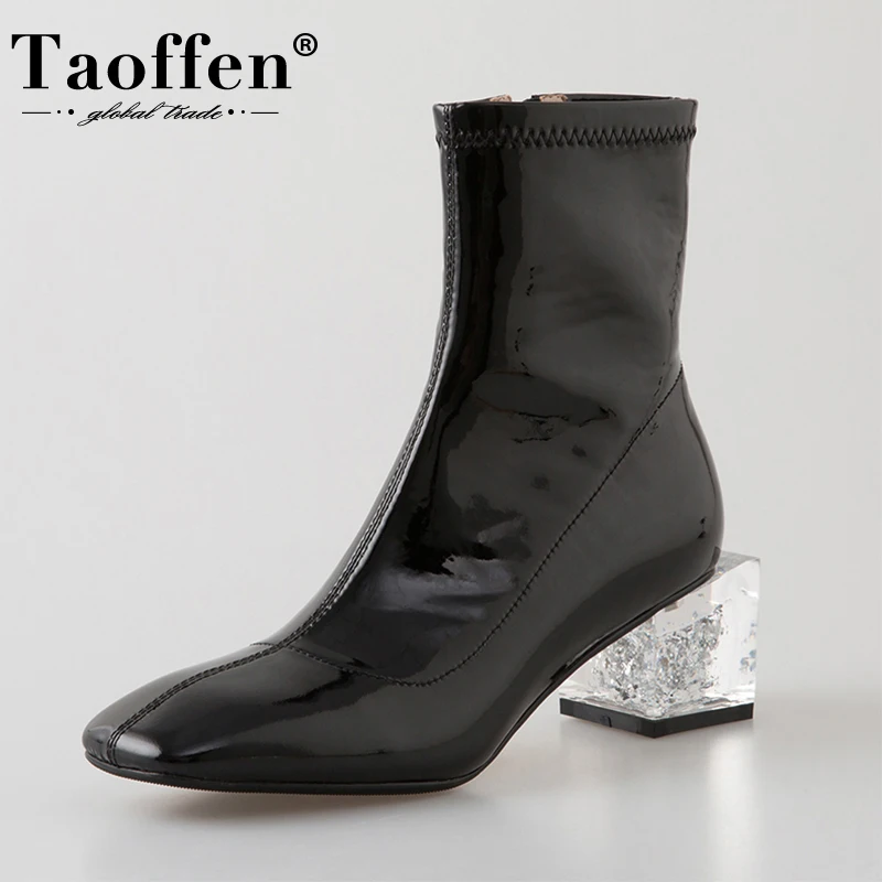 

TAOFFEN Woman Ankle Boots Real Leather Crystal Heel Zipper Woman Short Boots Fashion Cool Winter Shoes Woman Footwear 33-43