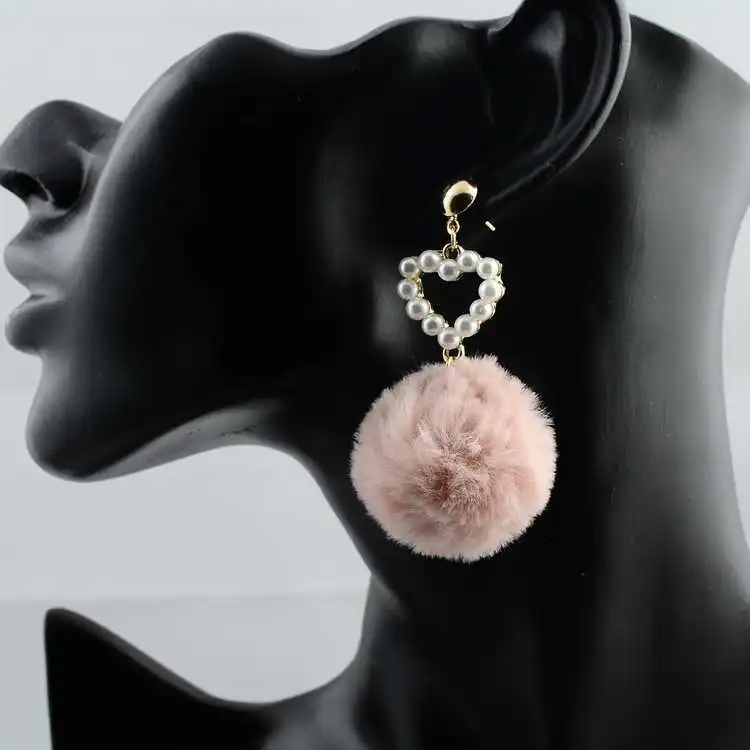 Rabbit Fur Ball PomPom heart Earrings for Women Unique Soft Pom tiny stimulate pearl Earring Jewelry Cute Christmas Gift | Украшения и