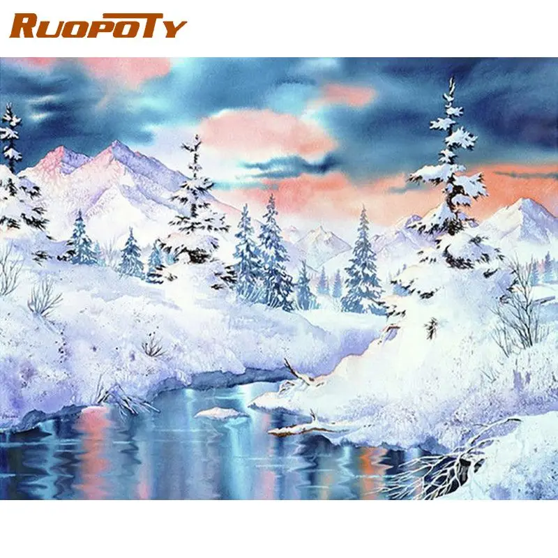 

RUOPOTY Frame Picture Diy Painting By Numbers Kits Acrylic Wall Art Picture Snow Scenery Handmade Coloring By Numbers For Diy Gi