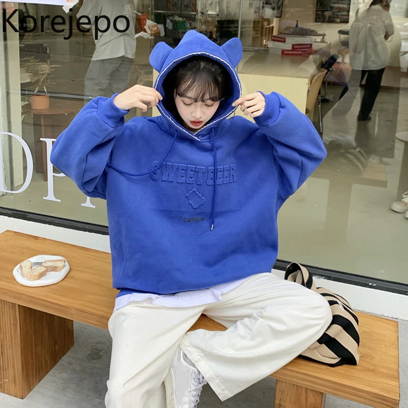 

Korejepo Blue Plush Hoodie Women's Clothing Spring and Autumn 2021 New Design Korean Loose Long Sleeve Top Sweatshirts Fashion