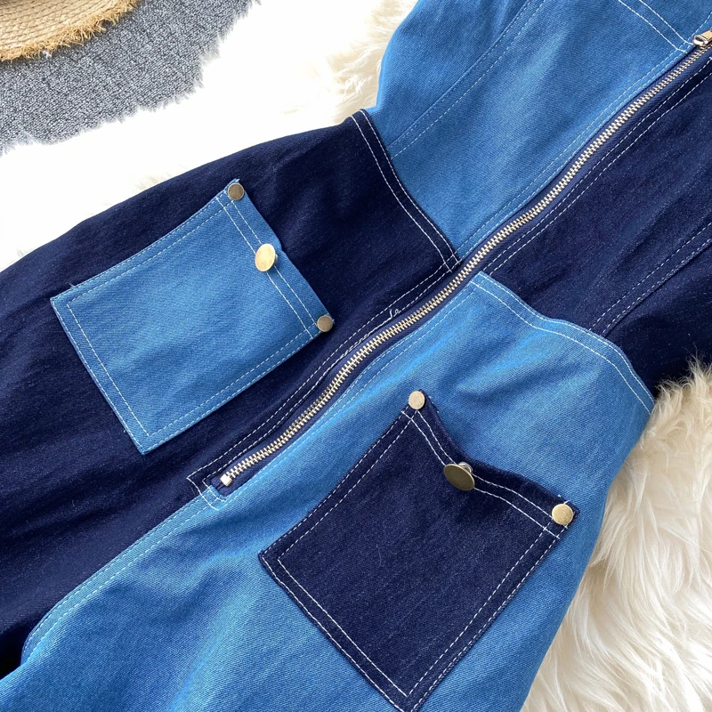 Gagarich Women Jumpsuit Denim Color Matching Jeans Autumn 2020 New Arrival Vintage Fashion High Waist Zipper Wide Leg Bodysuit | Женская