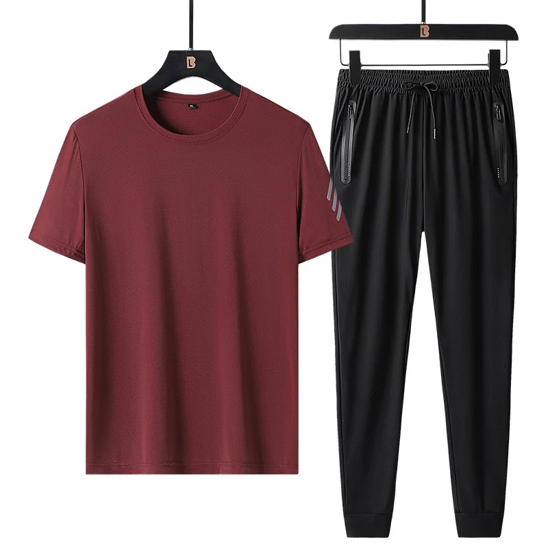 

2021 summer new men's ice silk Capris T-shirt two piece leisure sports suit