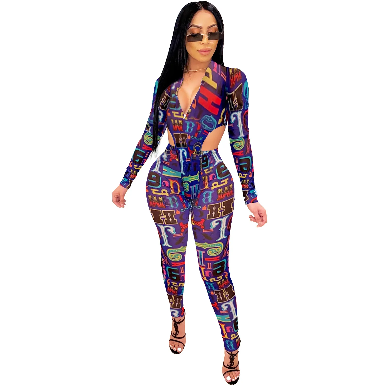 

Two-piece Sexy Women Print Outfit Perspective Mesh Long Sleeve Pullover Zipper Snap V-neck Bodysuits + Tight Trousers Club Set