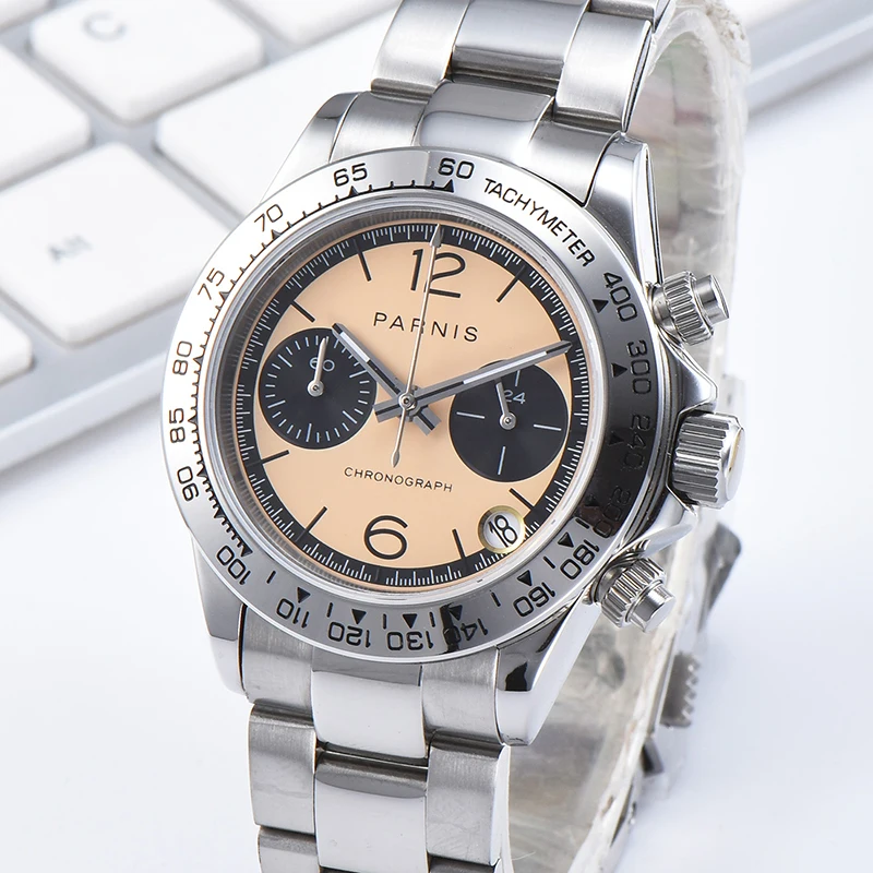 

Parnis 39MM Mens Waterproof Watch Man Stainless Steel Strap Auto Date Chronograph Men's Quartz Watches erkek kol saatleri Clock