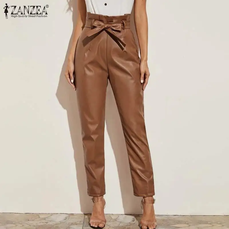 

2021 Fashion OL Women's PU Pants Spring Autumn Ruffle High Waist Belted Zipper ZANZEA Casual Solid Thin Fleece Oversized Pants