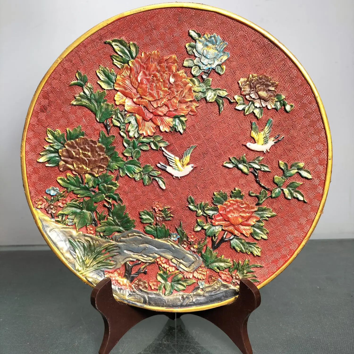 

9"Chinese Folk Collection Old lacquerware Magpie statue Birds and Flowers Reward screen table plaque Office Ornaments Town House