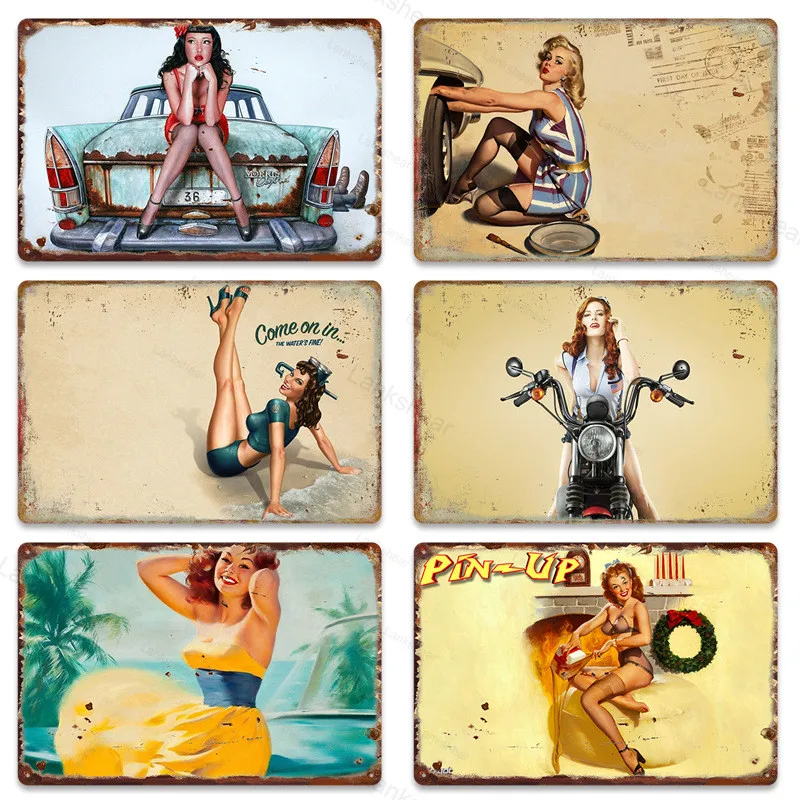 

Vintage Russian Cartoon Plaque Iron Painting Pin Up Sexy Girl Tin Sign Pub Cafe Shop Home Wall Decor Stickers Metal Plate Poster