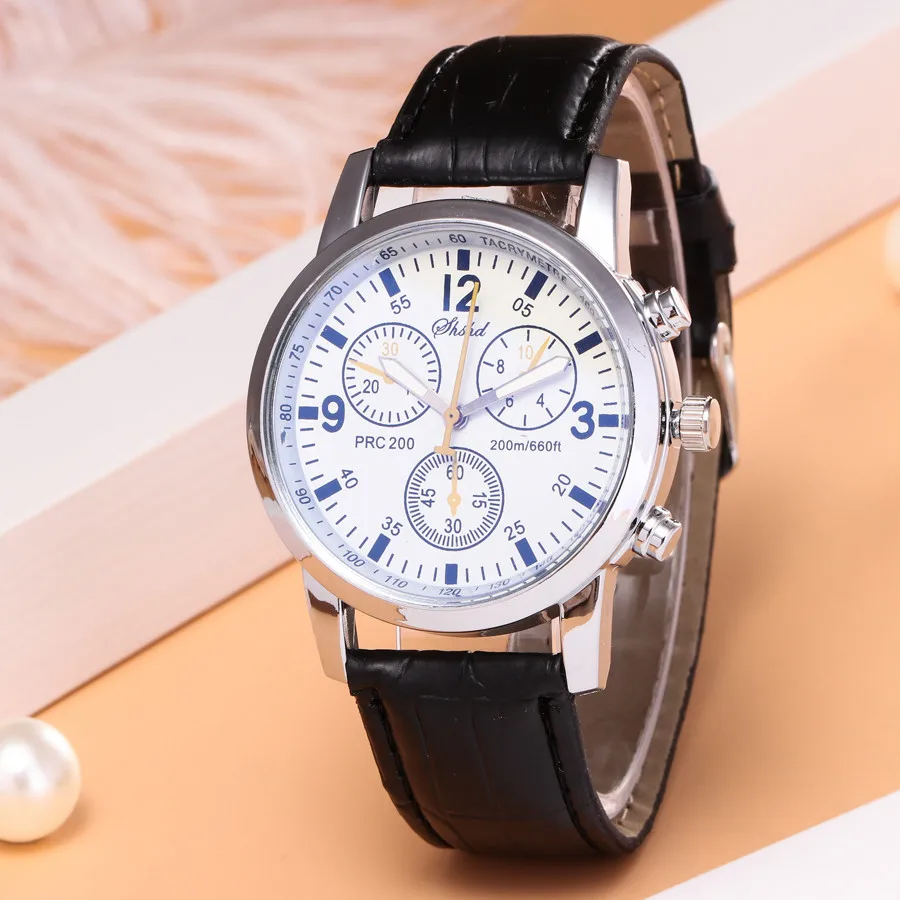 

Fashion Analog Three Eyes Men's Watch Blue Ray Waterproof Quartz leather Wristwatch Hands Leather Watch Feminino Zegarek Damski