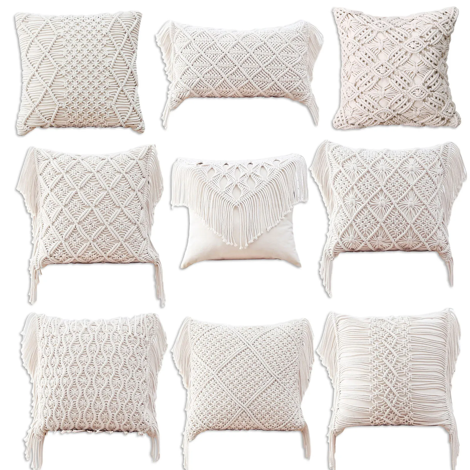 

Tassels Cushion Cover Beige White Boho Pillow Cover With Tassels Handmade Square Home Boho Decor Macrame Pillowcase