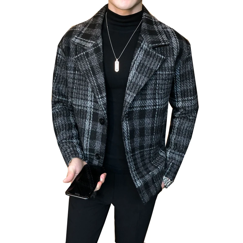 

Winter Jackets 2021 Men Warm Long Sleeve Plaid Wool Trench Coat Jacket Casual Steetwear Windbreaker Men's Slim Fit Jacket