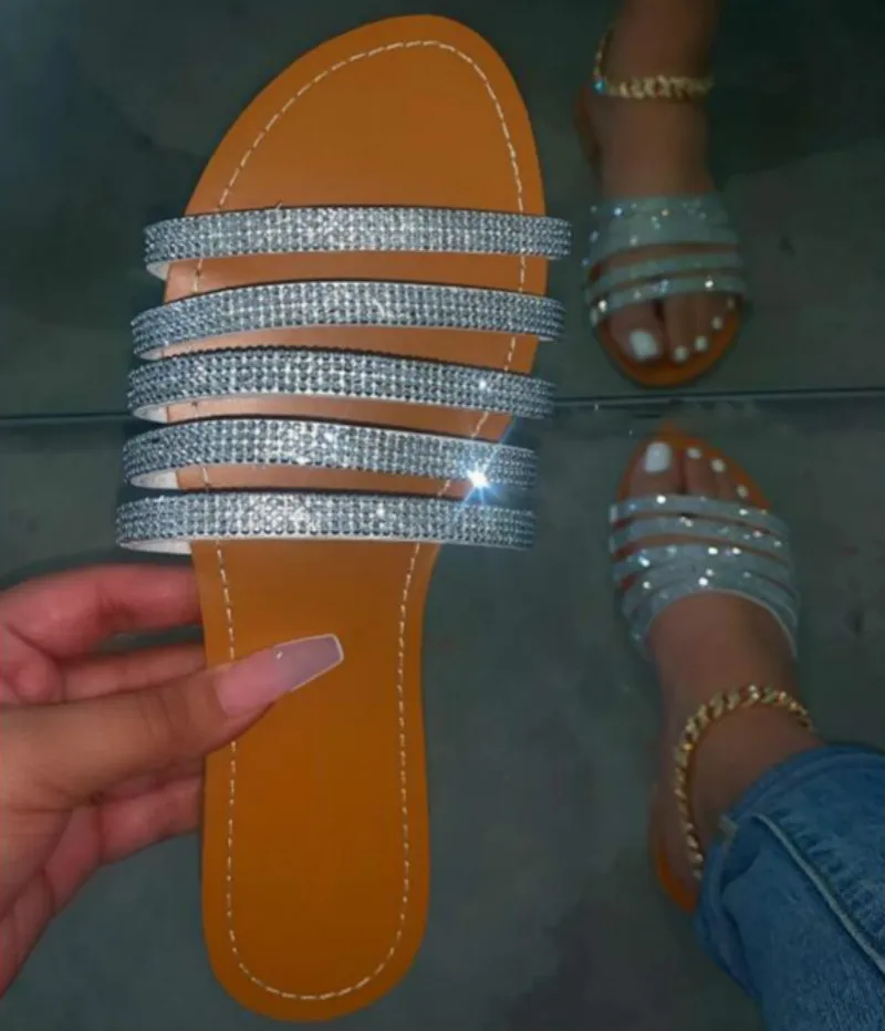 

2020 Summer Bling Bling Women Handmade Gold Slippers Flat Sandals Rhinestone Beach Slippers Open ToeComfortable Silver Slides