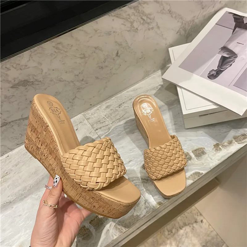 

New Summer Braided Wedges Slippers High Heels Sandals Shoes Female Platform Beach Shoes Outdoor Non-slip