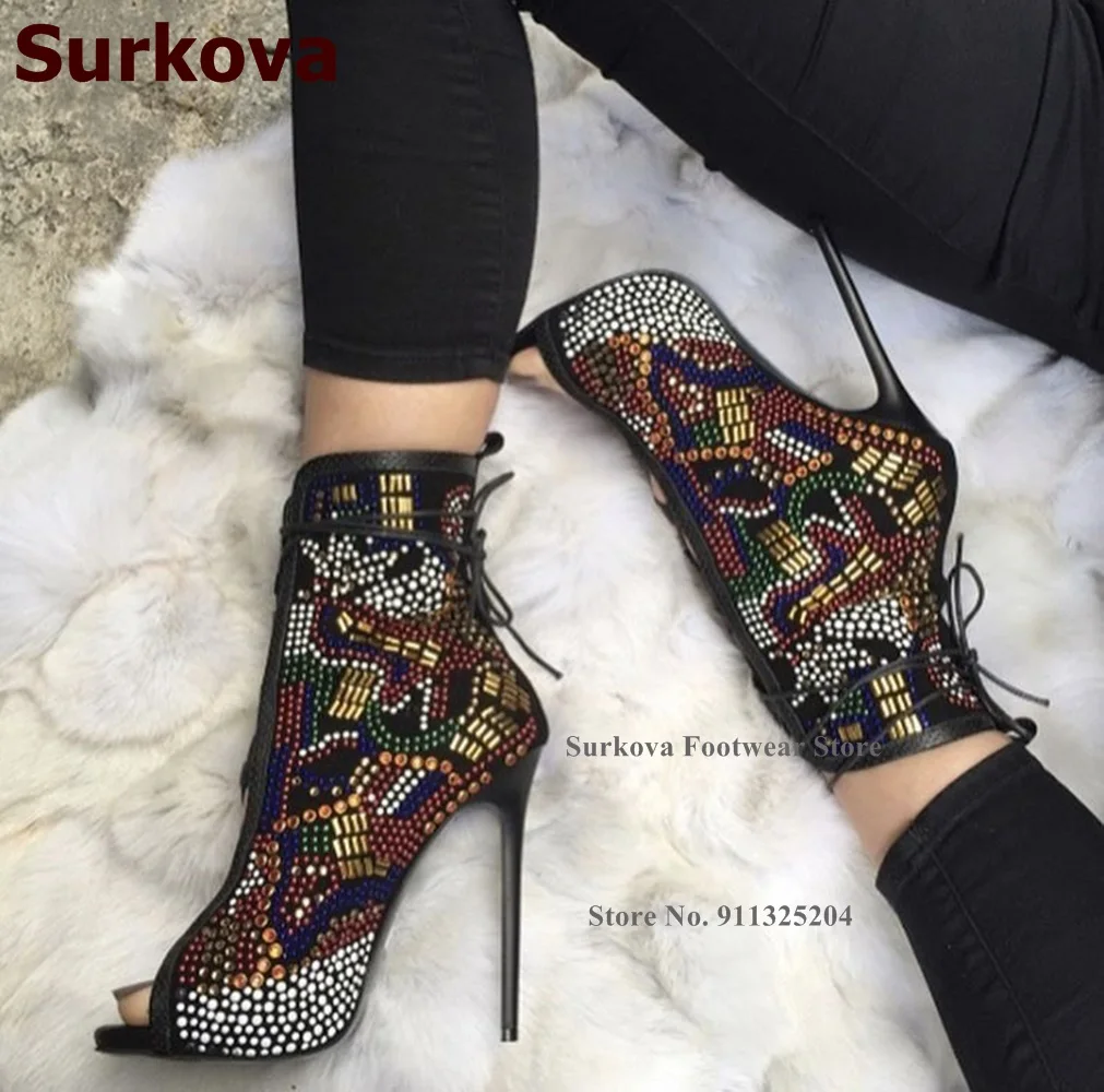 Surkova Bling Bling Multi-Color Crystal Ankle Boots Stiletto Heels Open Toe Lace-up Rhinestone Booties Colorful Glitter Pumps