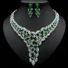 2020 Luxury White Gold Color Green CZ Stone Wedding Necklace Earrings Jewelry Sets Bridal Dress Accessories