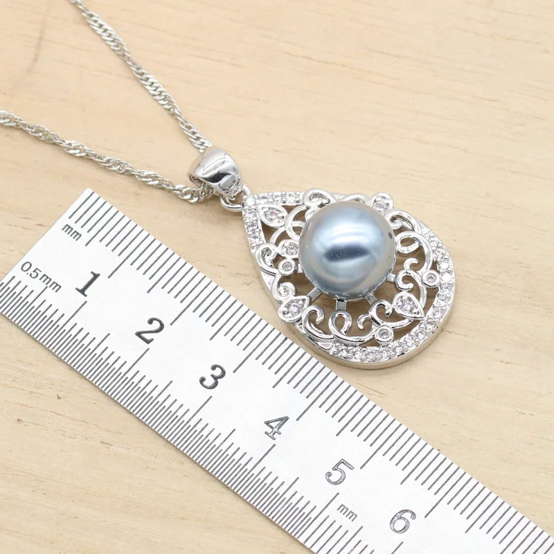 Классические серые жемчужные Серебристые серьги ожерелье кольцо с подвеской