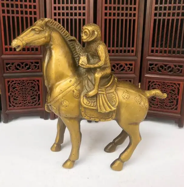 

6" Chinese Antiques Pure Copper Gold-Plated Handmade Horse Riding Monkey Statue