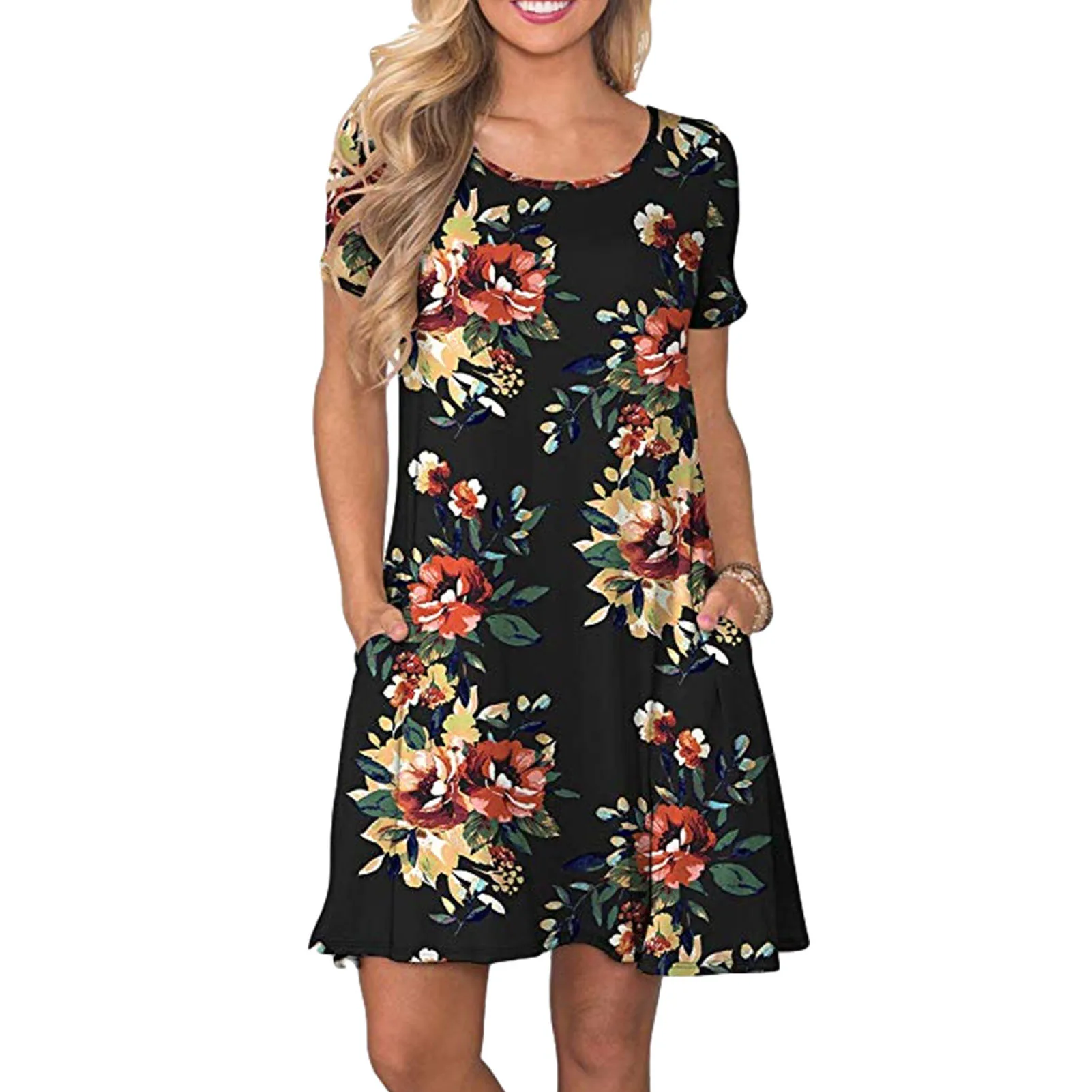 

Women's Summer Casual T-shirt Dress Short Sleeve Beach Skirt Round Neck Element Printed Pocket Short Sleeve Big Hem Dress