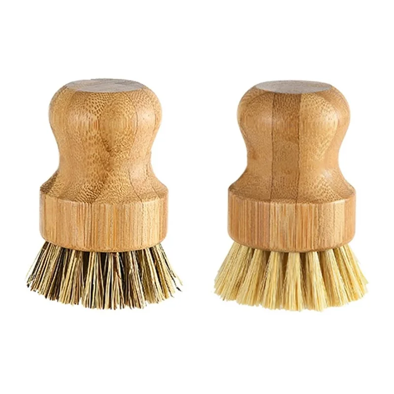 1PCS Sisal Brush Bamboo Hangable Round Mini Pot Dishwashing Brush Cleaning Scrubber For Wash Dishes Pots Pans Kitchen Tools