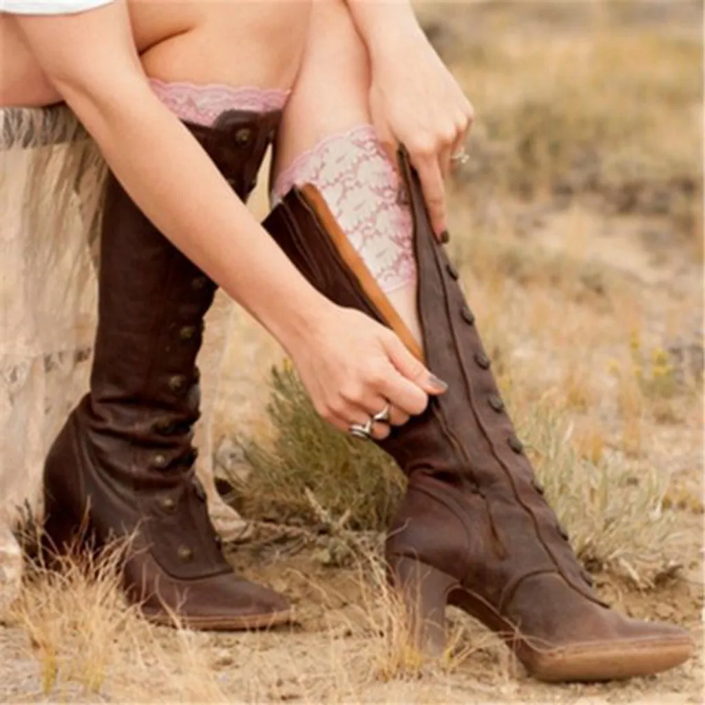 Зимние женские сапоги до колена из искусственной кожи на низком каблуке и