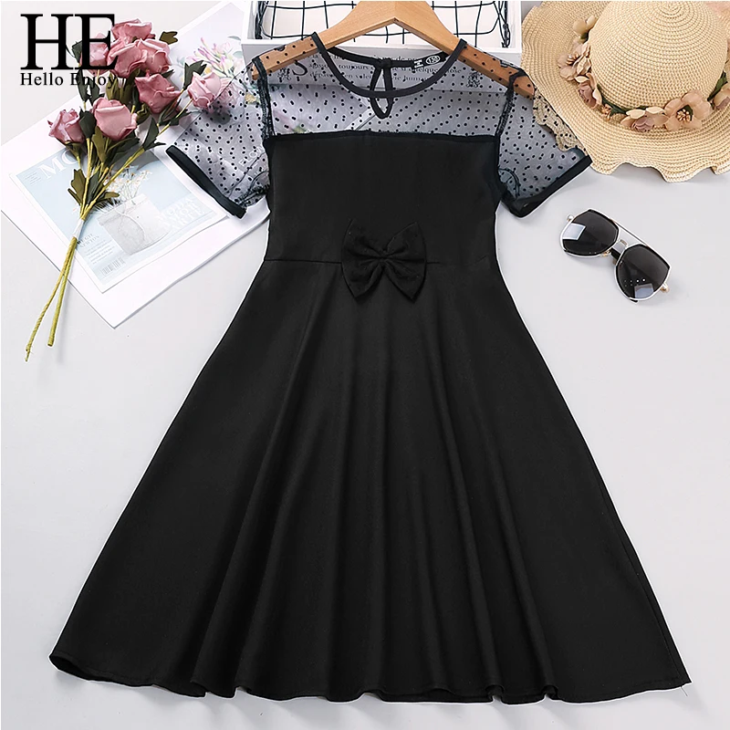 

HE Hello Enjoy Summer Baby Girl Dresses Pure Color Mesh Stitching Short-sleeve Bowknot Dress Casual Party Children Clothes