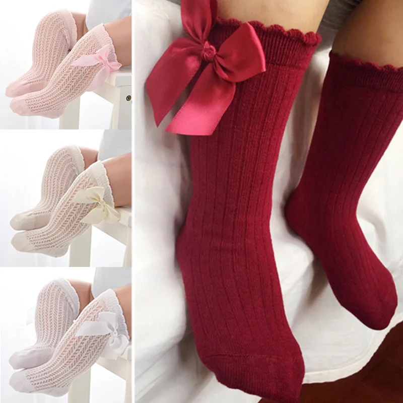 

2pairs Socks Bow Summer Spring autumn Mesh Newborn Baby Girls Kids Non-slip Terry Cotton Sokken Princess Knee High Long
