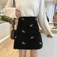 high waist skirt autumn and winter women 2021 new korean corduroy embroidered hip skirt black floral pencil polyester