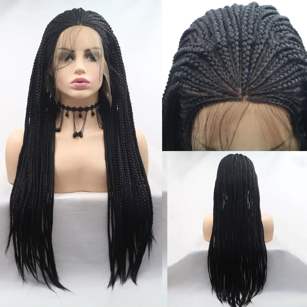 Sylvia Black Synthetic Braided Wig Long Box Braids Wig With Baby Hair Heat Resistasnt African Braid Hairstyle Cosplay