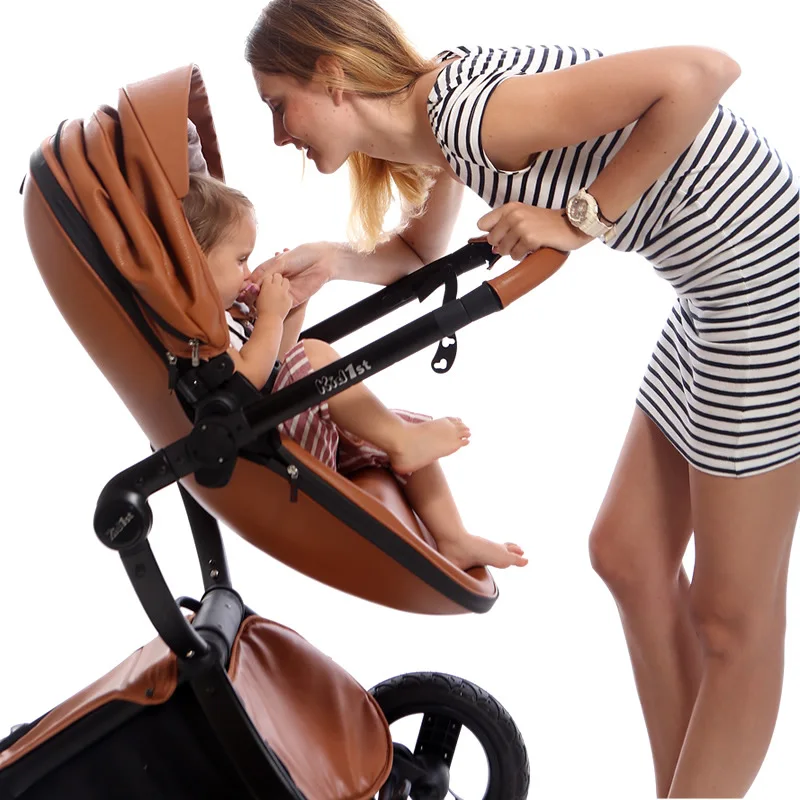 

High-quality Baby Stroller High Landscape Stroller 2 in 1 leather Baby Carriage Pram Can Sit Reclining Folding Light Kid Trolly