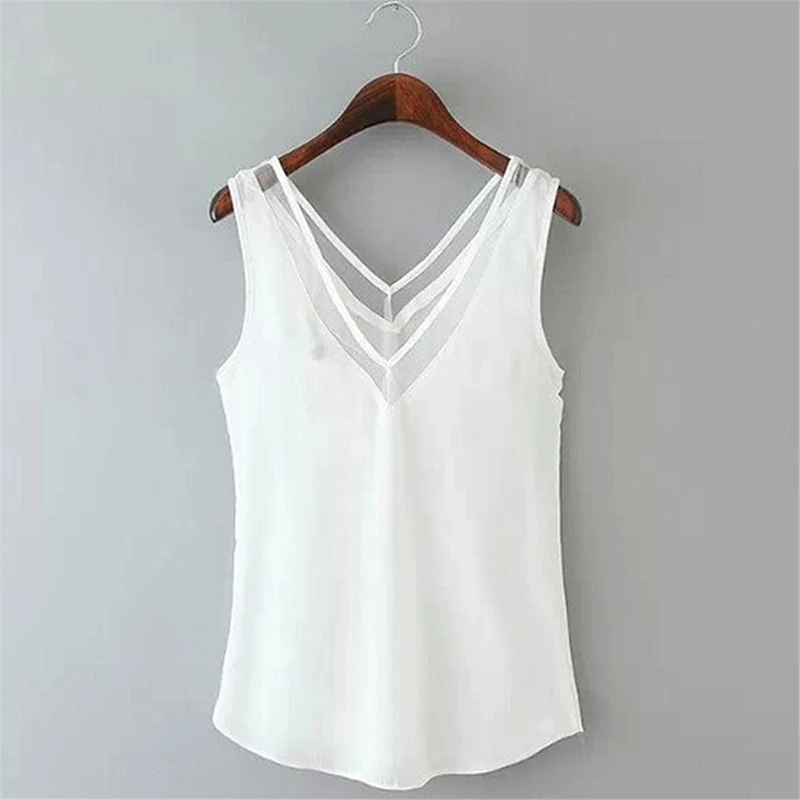 

Ladies summer T-shirt fashion clothes solid color V-neck gauze stitching top Chiffon T-shirt shirt Women's halter vest T-shirt