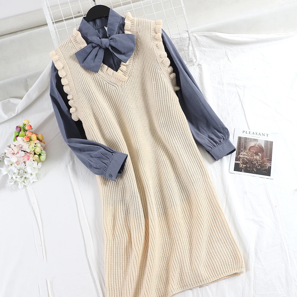 Осеннее Новое корейское трикотажное платье двойка с длинными рукавами и бантом