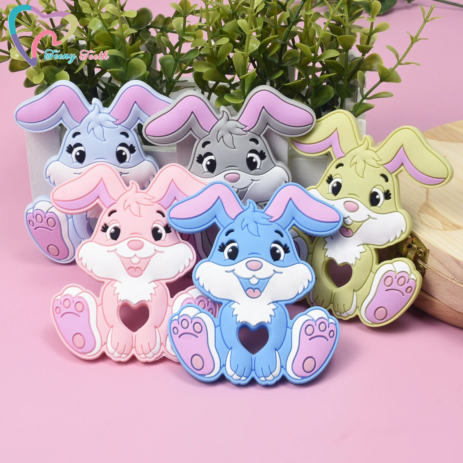 Mordedor de conejo de dibujos animados de silicona, colgante de conejo para Baby Shower, chupete de dentici&oacute;n sensorial de enfermer&iacute;a, regalo, 1 ud.-0