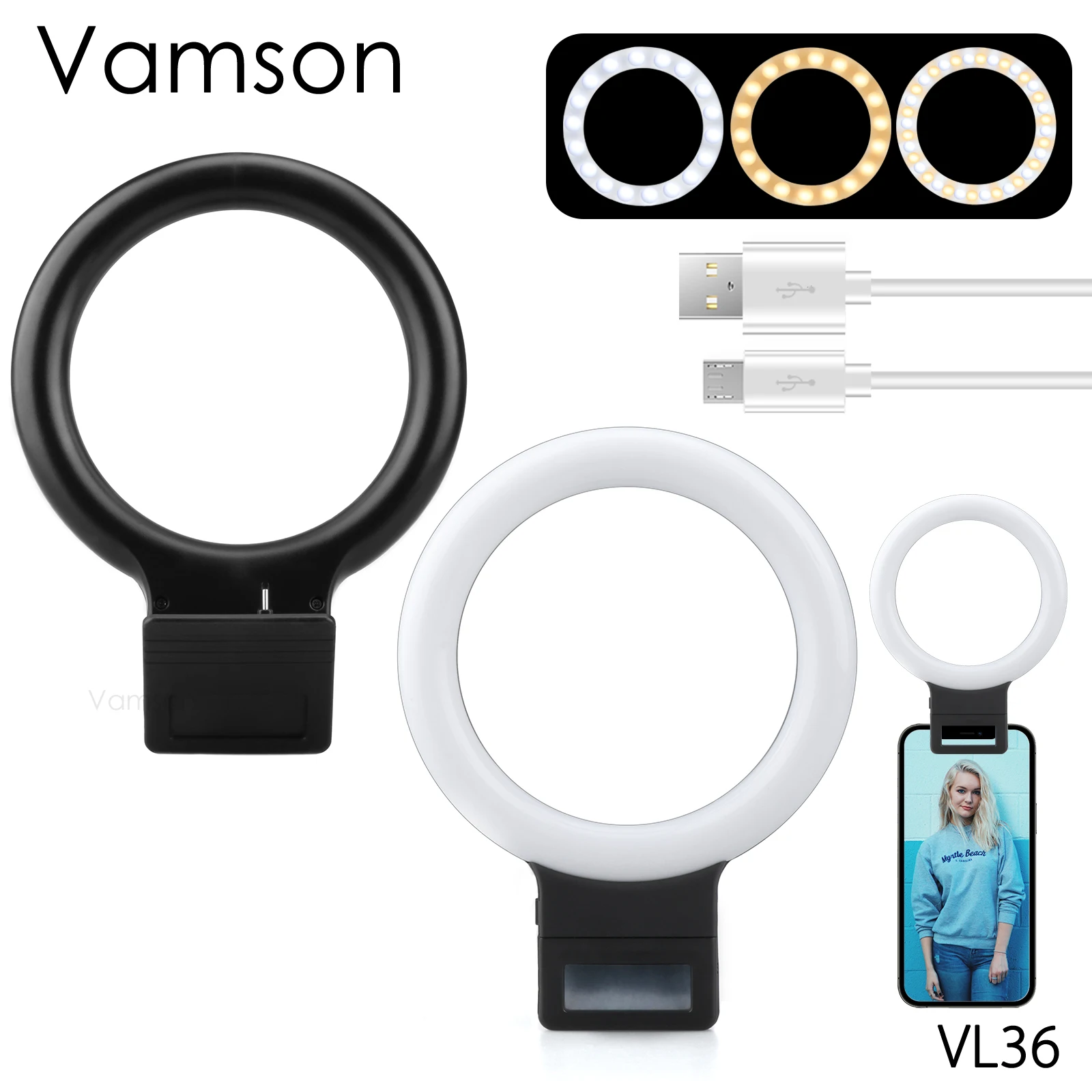 

Vamson 3 светильник режима 36 светодиодный селфи светильник кольцо клип с зарядным устройством USB для видеоконференции живой макияж фотографии ...