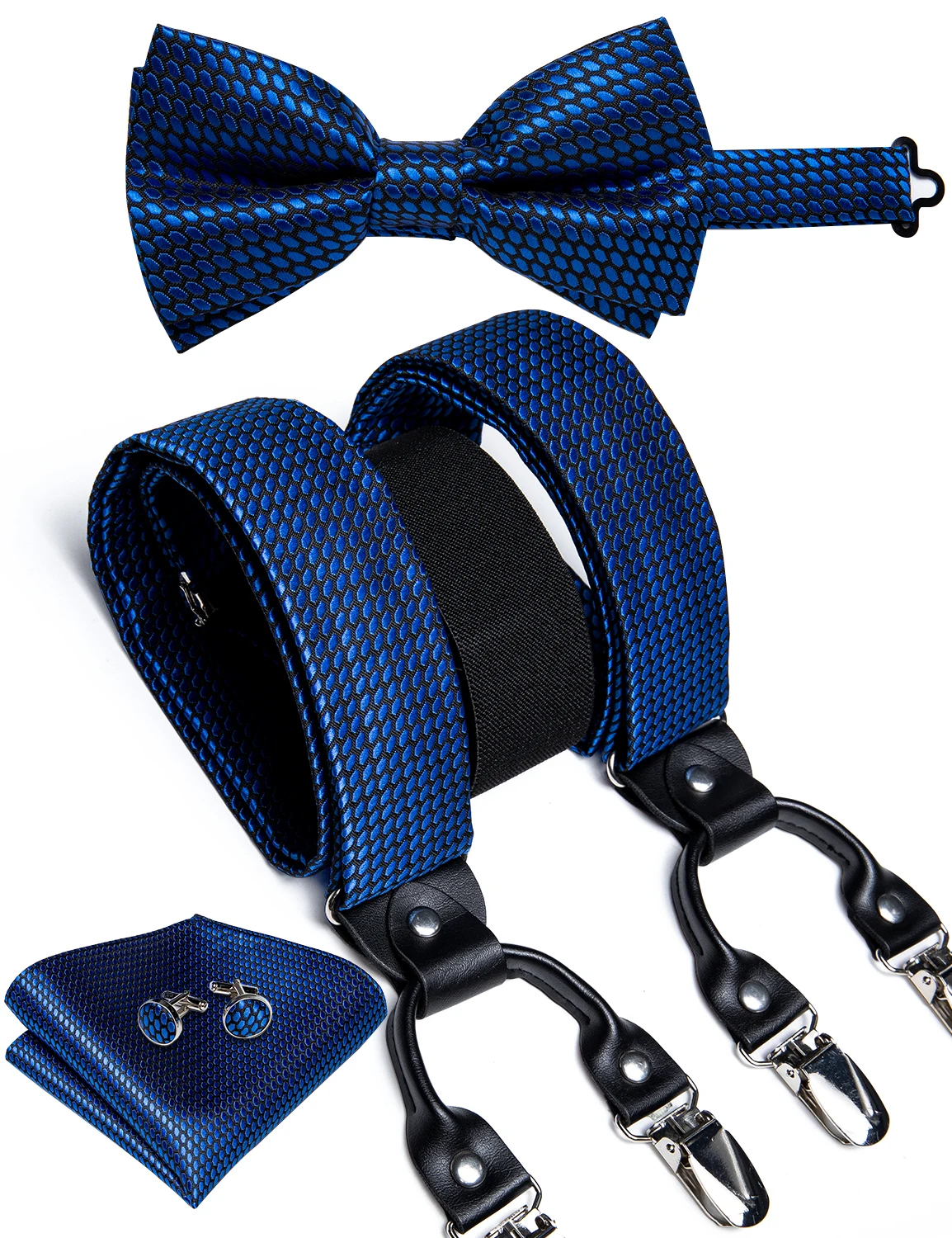 

Real Leather 6 Clips Elastic Suspender Brace Blue Plaid Silk Men Suspender Bow Tie Set Trousers Strap Casual Suspensorio DiBanGu