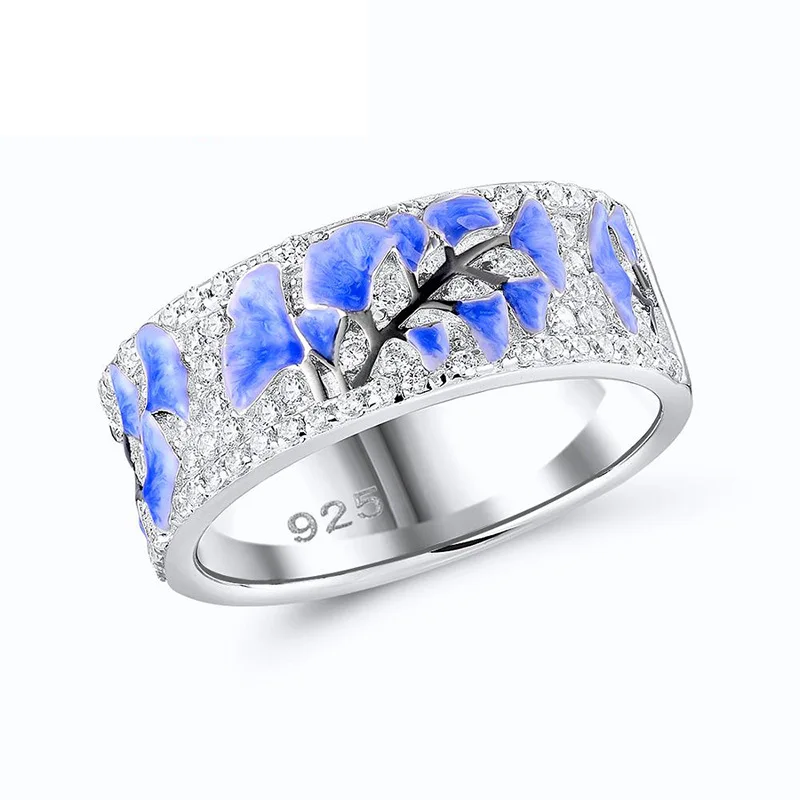 

HML&High Quality Blue White Flower Epoxy Rings For Woman Blue White Cubic Zirconial Rings Fashion Jewelry Gift Wedding Party