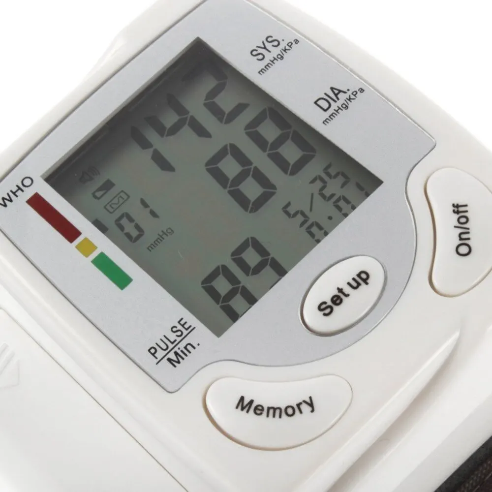 

Automatic Digital LCD Display Wrist Blood Pressure Monitor Heart Beat Rate Pulse Meter Measure Sphygmomanometer White Carry