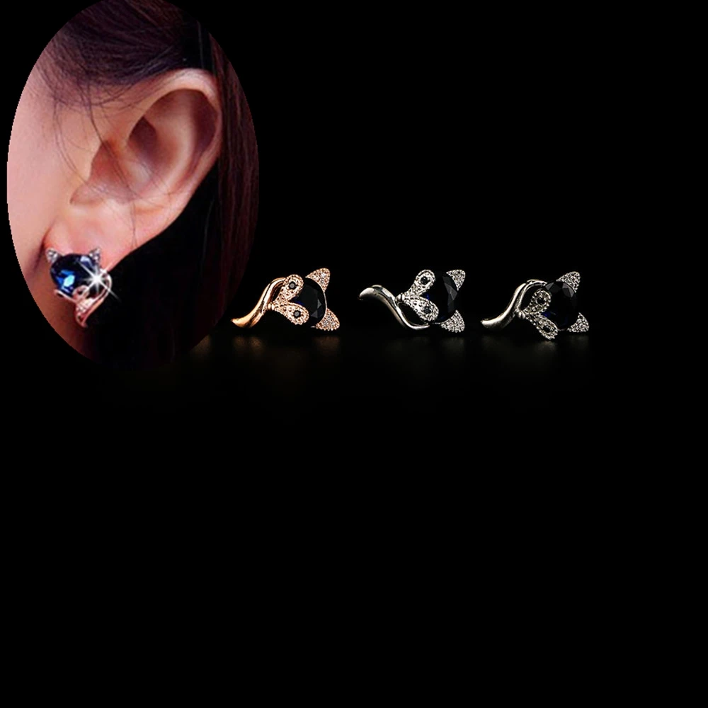 Женские серьги гвоздики в форме лисы элегантные со стразами ювелирные изделия