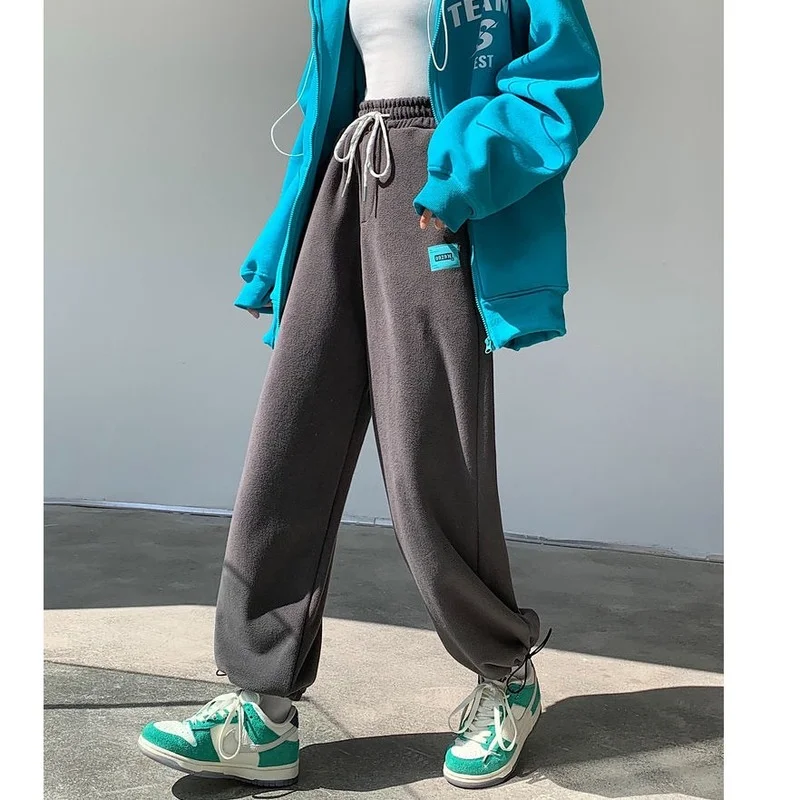 

Women Korean Fashion Winter Sports Pants Women Harajuku Oversize Warm Fleece Gray Joggers Sweatpants Baggy Wide Leg Trousers