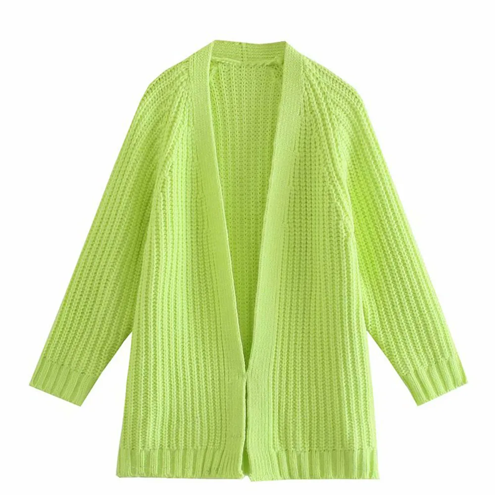 

Женский трикотажный кардиган средней длины ZA, однотонный свободный свитер с V-образным вырезом и пузырьковыми рукавами, Осень-зима 2021