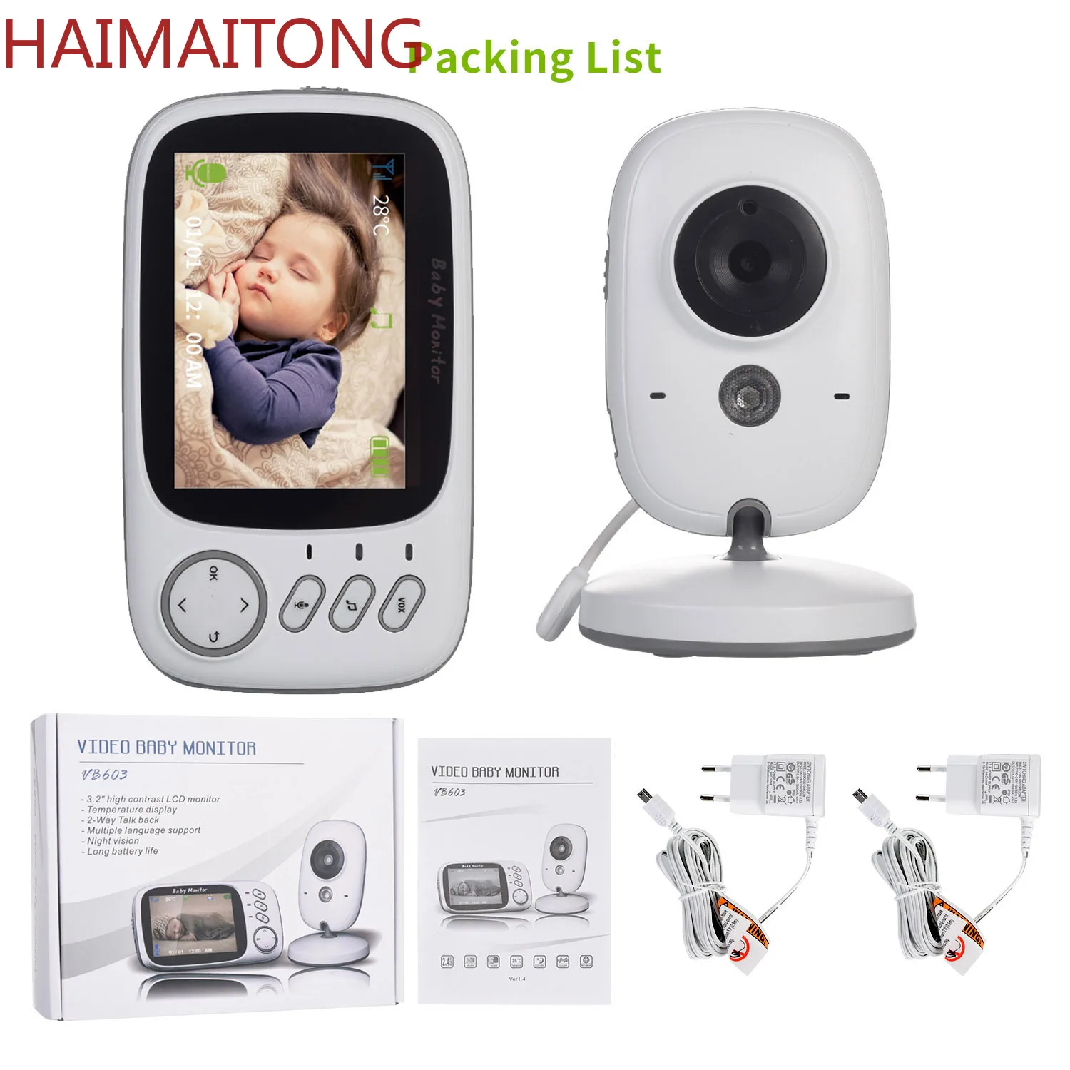 

Wireless Baby Monitor 3.2 inch LCD IR Night Vision 2 way Talk 8 Lullabies Temperature monitor video nanny radio baby camera